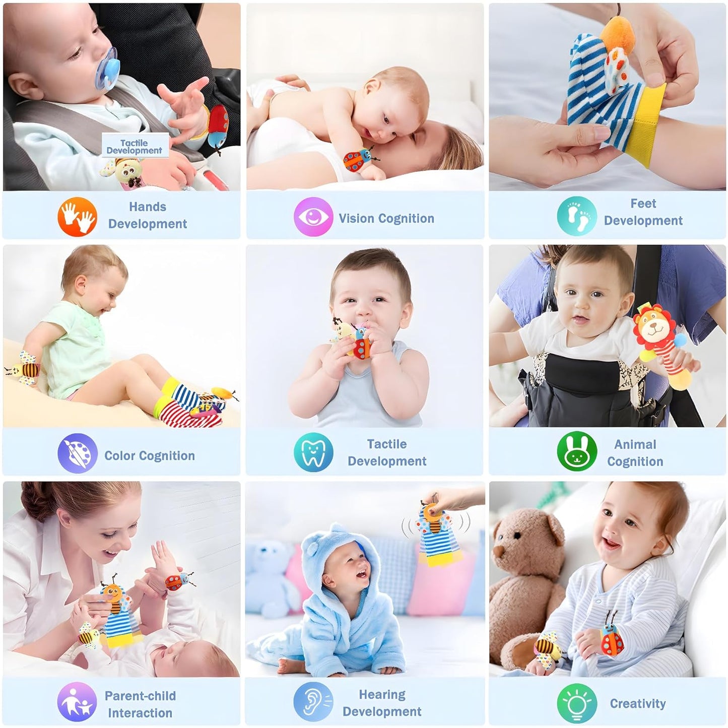 Wrist Rattles Foot Finder Rattle Toy for 0-4 Months Baby, Feet Leg Ankle Socks Arm Hand Bracelet Shaker for 4-8 Months Infant Boy & Girl, Gift Set for 0-1 Years Newborn Babies (5 Pcs-B)
