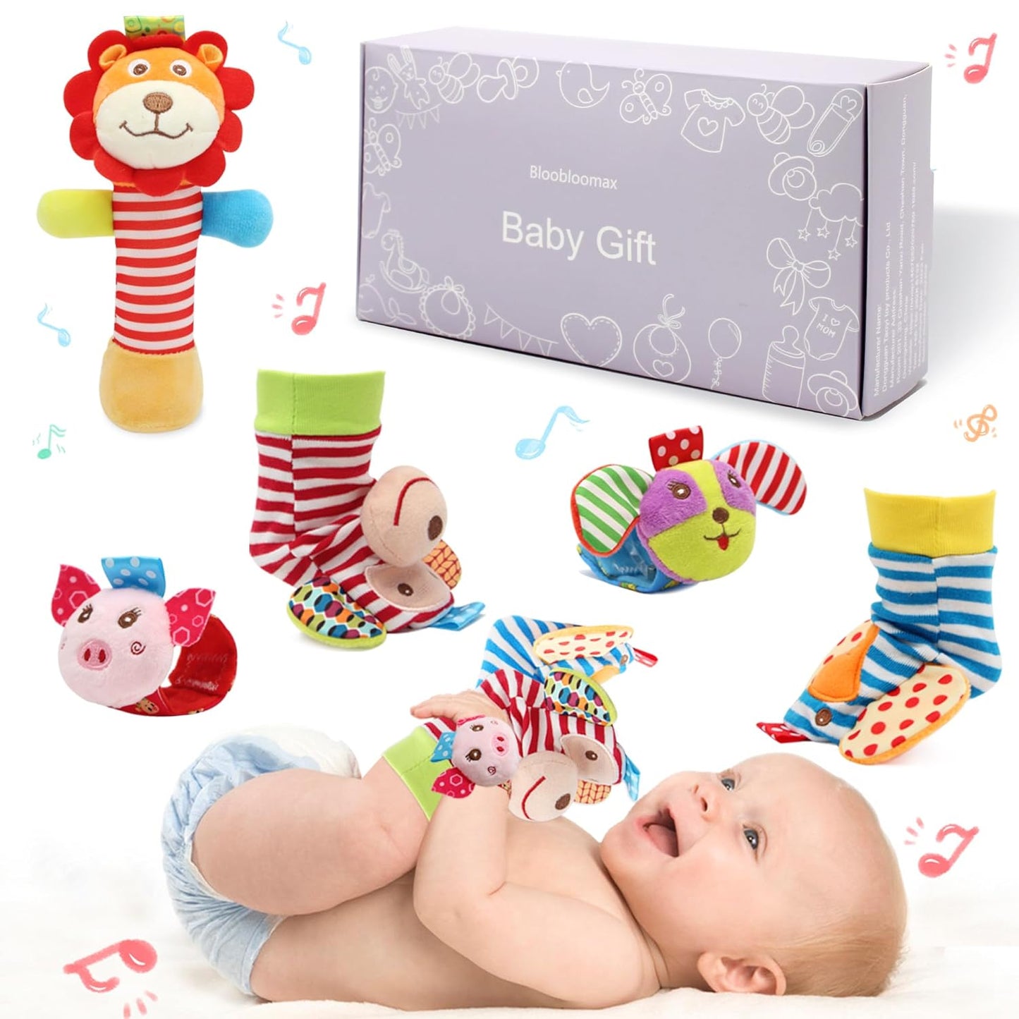 Wrist Rattles Foot Finder Rattle Toy for 0-4 Months Baby, Feet Leg Ankle Socks Arm Hand Bracelet Shaker for 4-8 Months Infant Boy & Girl, Gift Set for 0-1 Years Newborn Babies (5 Pcs-B)