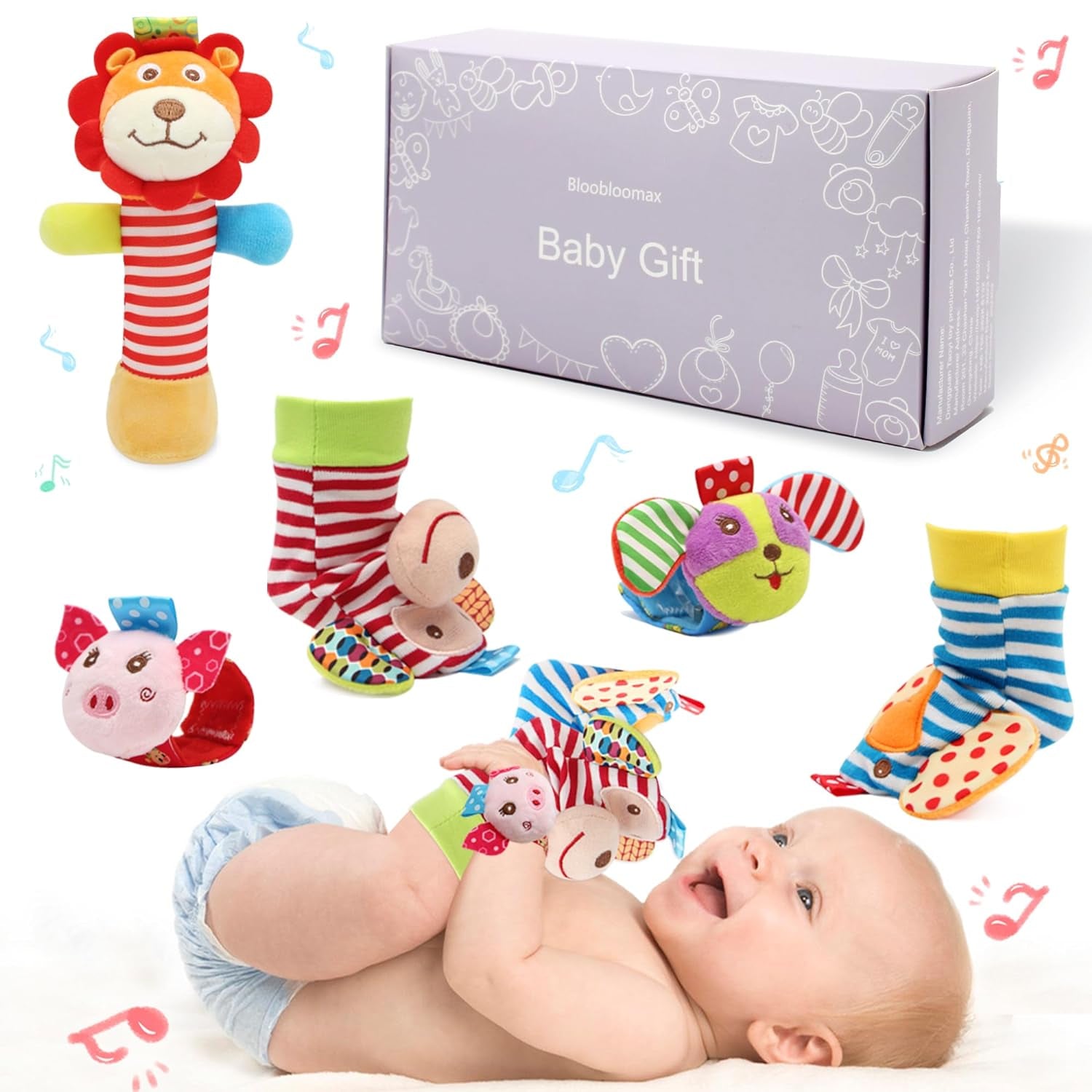 Wrist Rattles Foot Finder Rattle Toy for 0-4 Months Baby, Feet Leg Ankle Socks Arm Hand Bracelet Shaker for 4-8 Months Infant Boy & Girl, Gift Set for 0-1 Years Newborn Babies (5 Pcs-B)