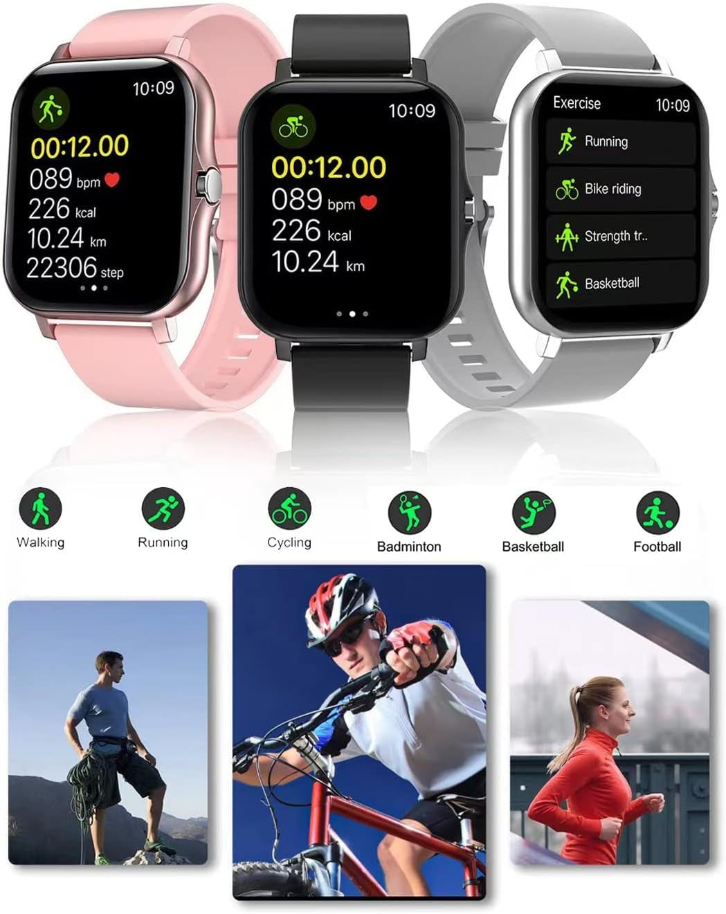 Smart Fitness Tracker Watch for Android/Ios - IP68 Waterproof, Heart Rate/Blood Oxygen/Sleep Monitoring, 8 Sports Modes, Breath Training, Weather Updates - 1.69-Inch Display for Men and Women