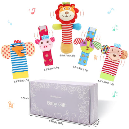 Wrist Rattles Foot Finder Rattle Toy for 0-4 Months Baby, Feet Leg Ankle Socks Arm Hand Bracelet Shaker for 4-8 Months Infant Boy & Girl, Gift Set for 0-1 Years Newborn Babies (5 Pcs-B)